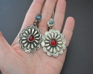 Turkmen Silver Earrings with Red Glass