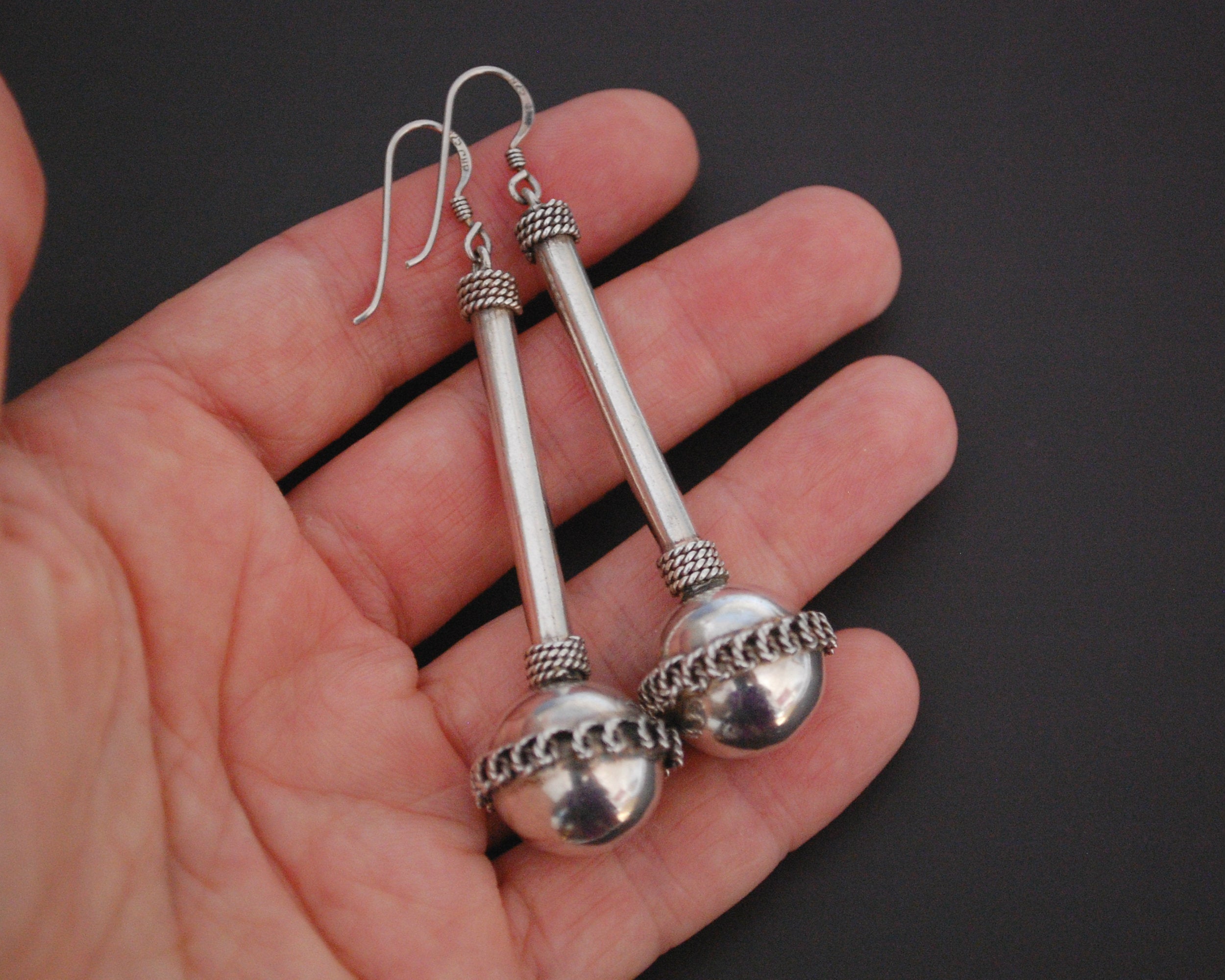 Long Ethnic Silver Ball Earrings with Wire Work