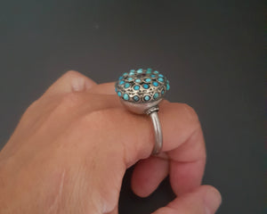 Central Asian Turquoise Garnet Silver Ring - Size 8