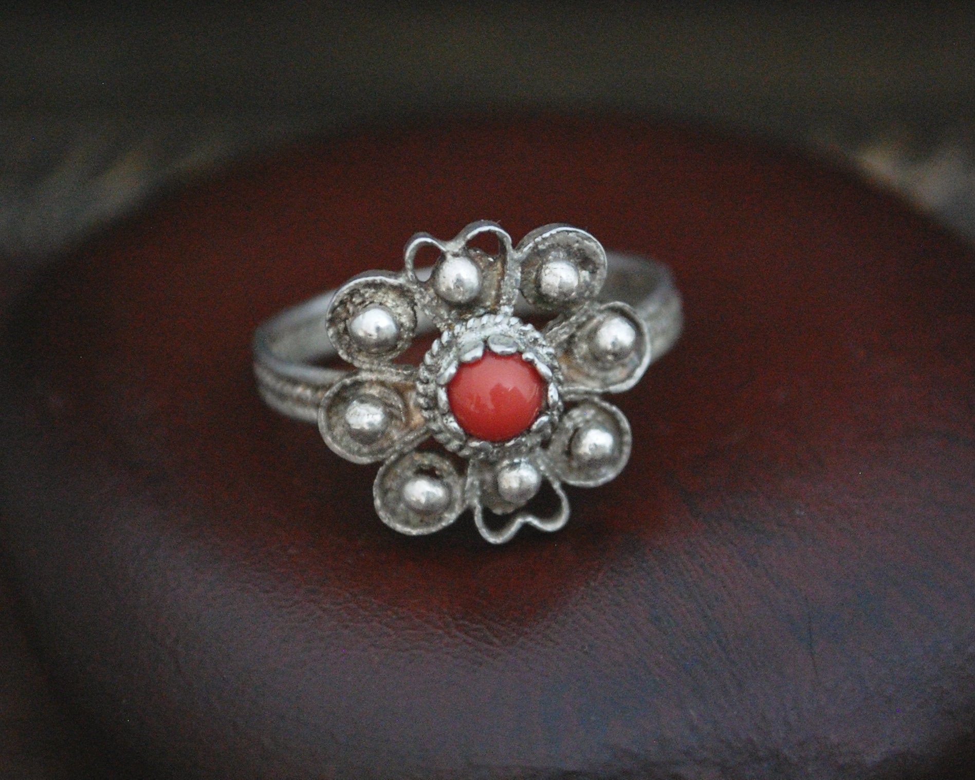 Old Croatian Filigree Coral Ring - Size 7