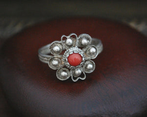 Old Croatian Filigree Coral Ring - Size 7