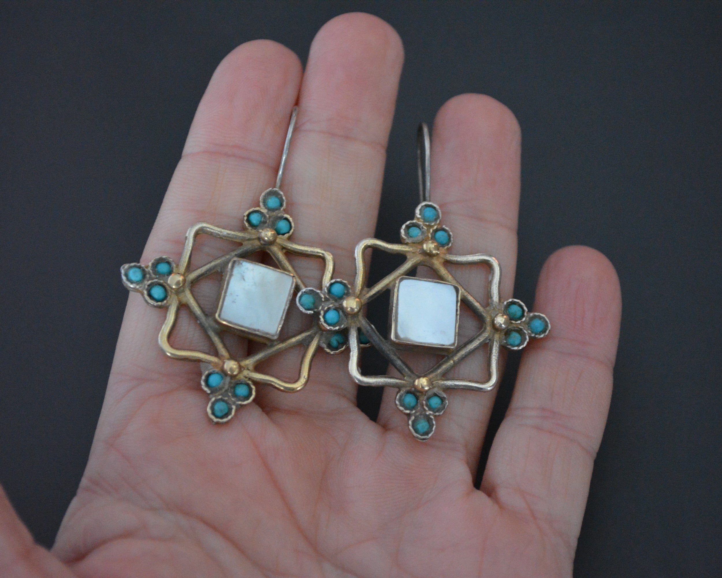 Gilded Uzbek Turquoise Mother of Pearl Earrings