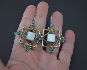 Gilded Uzbek Turquoise Mother of Pearl Earrings