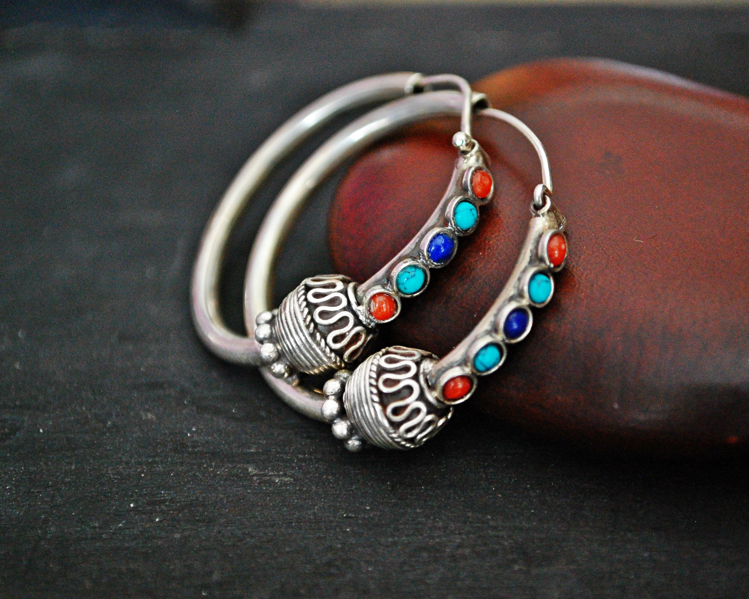 Ethnic Hoop Earrings with Turquoise, Coral, Lapis Lazuli