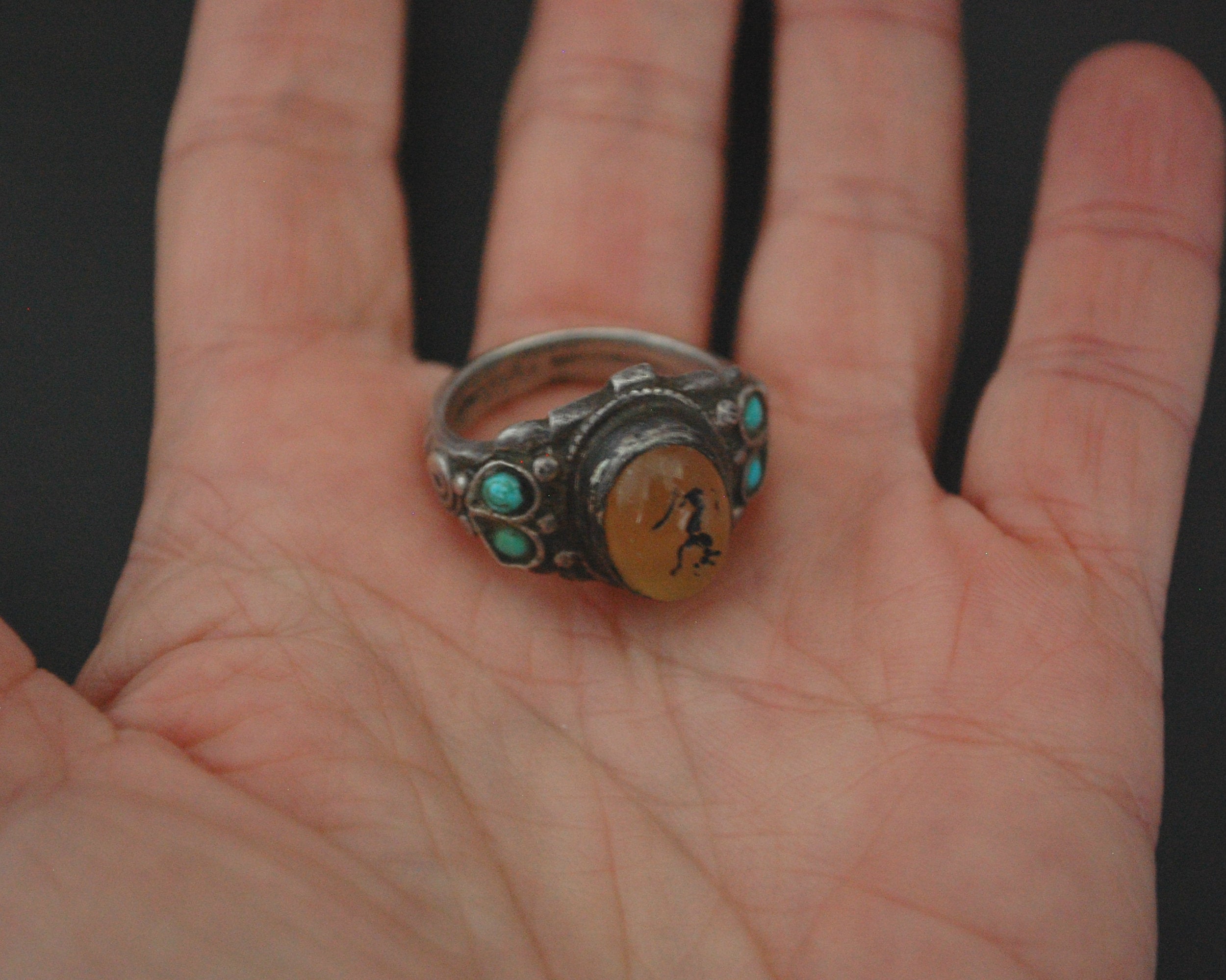 Old Afghani Intaglio Amber Turquoise Ring - Size 8.5