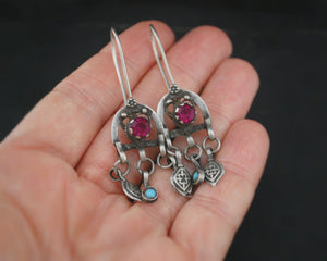 Afghani Earrings with Turquoise and Pink Glass