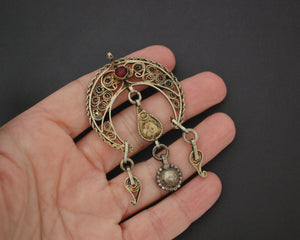 Tunisian Gilded Filigree Crescent Pendant with Red Glass