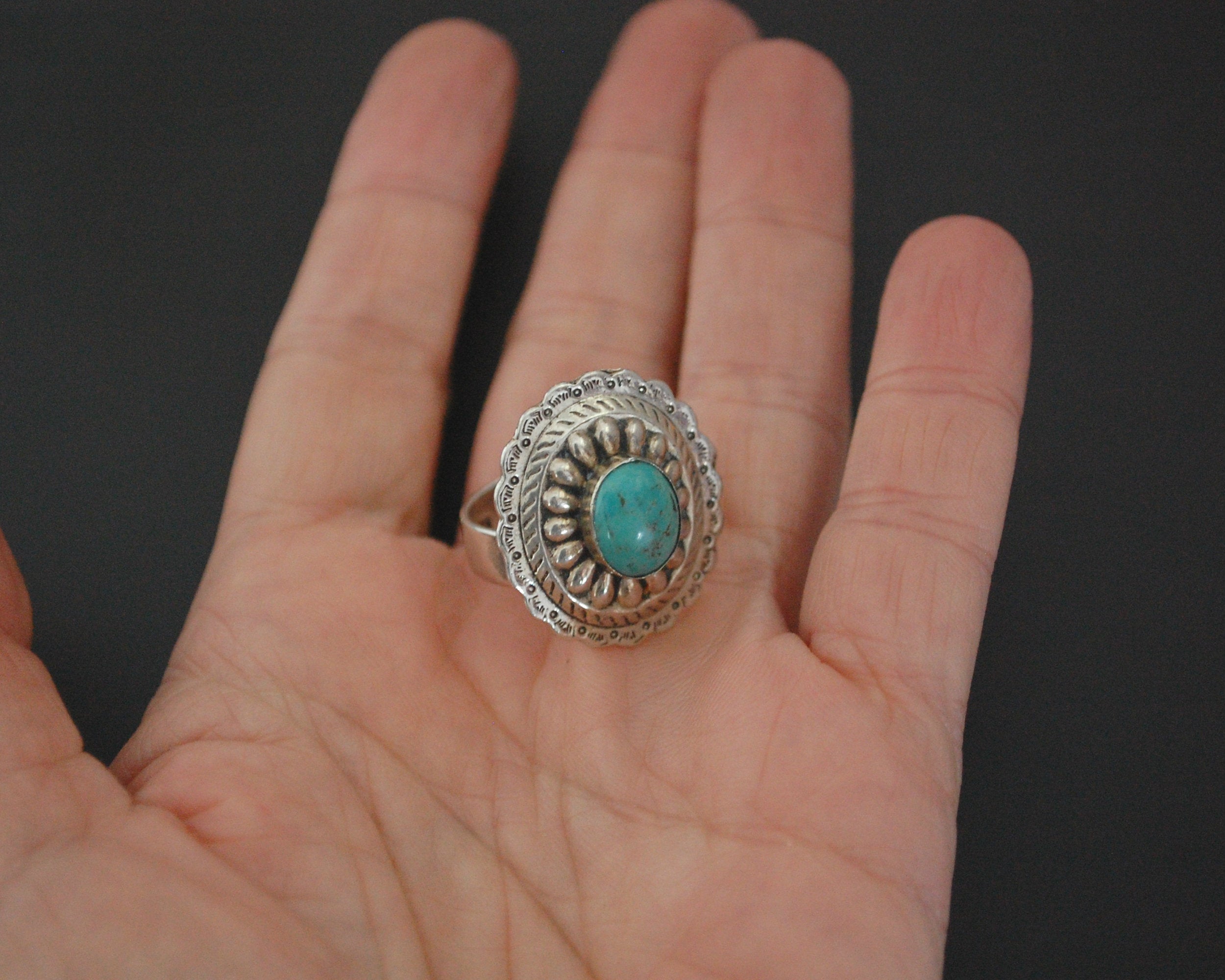 Native American Concho Turquoise Ring - Size 7 / Adjustable