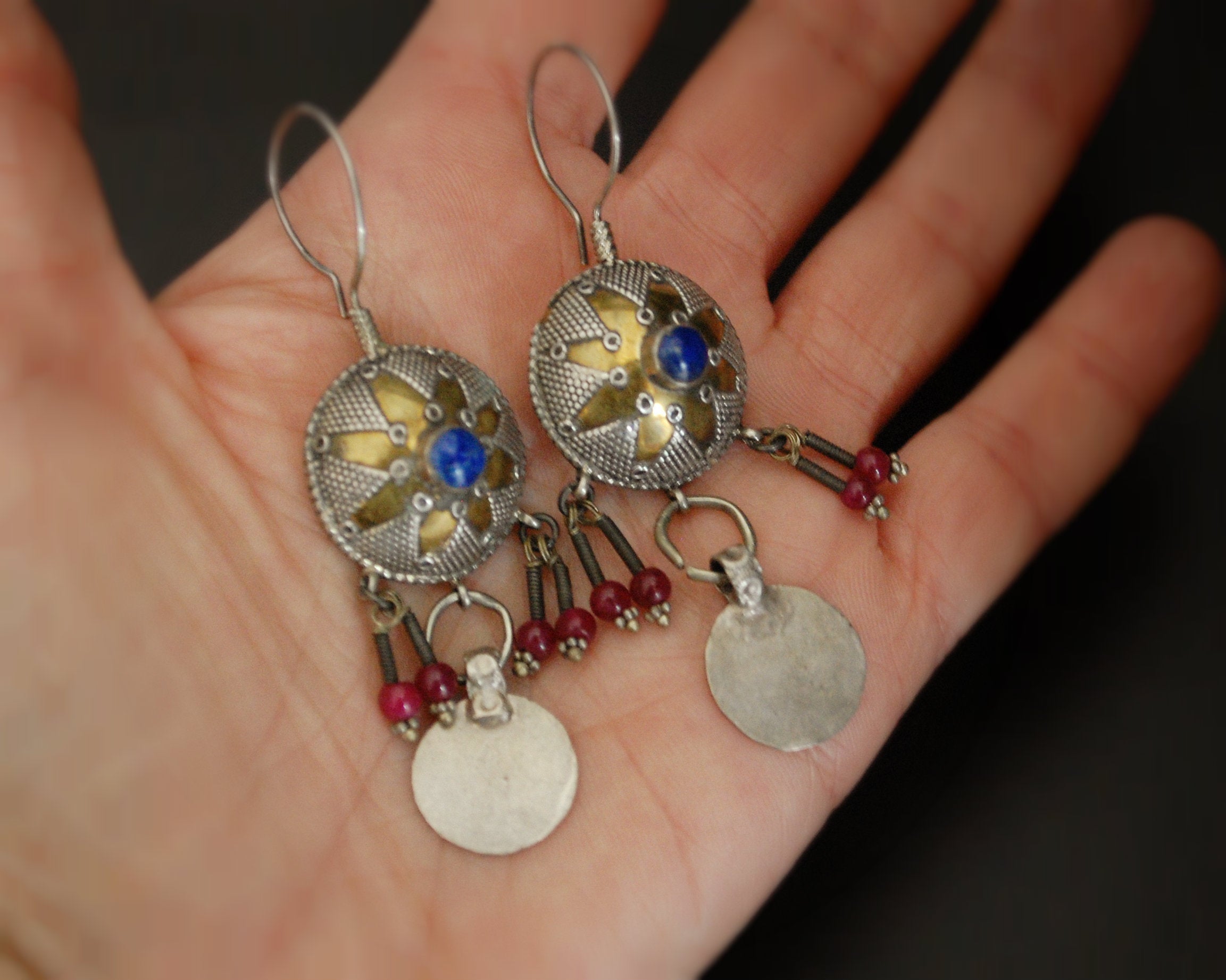 Kazakh Style Coin Earrings with Lapis Lazuli