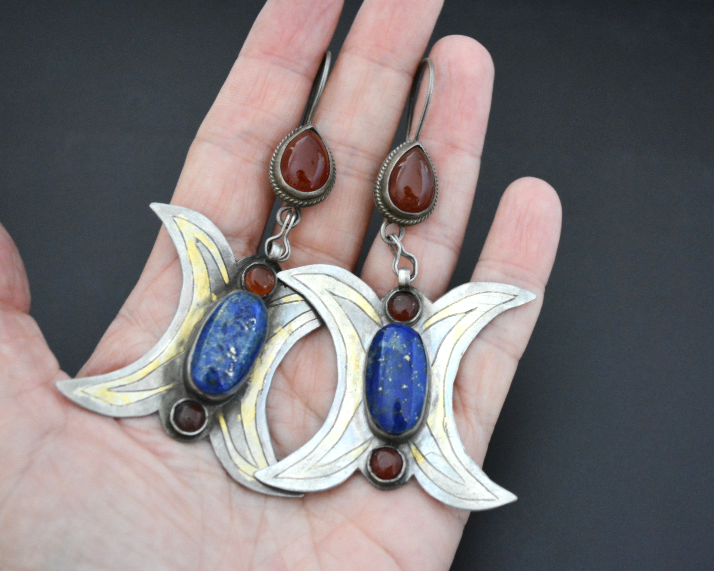 Huge Gilded Turkmen Earrings with Lapis and Carnelian