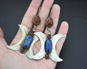 Huge Gilded Turkmen Earrings with Lapis and Carnelian