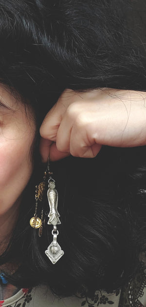 Long Afghani Fish Dangle Earrings with Tiger Eye Bead