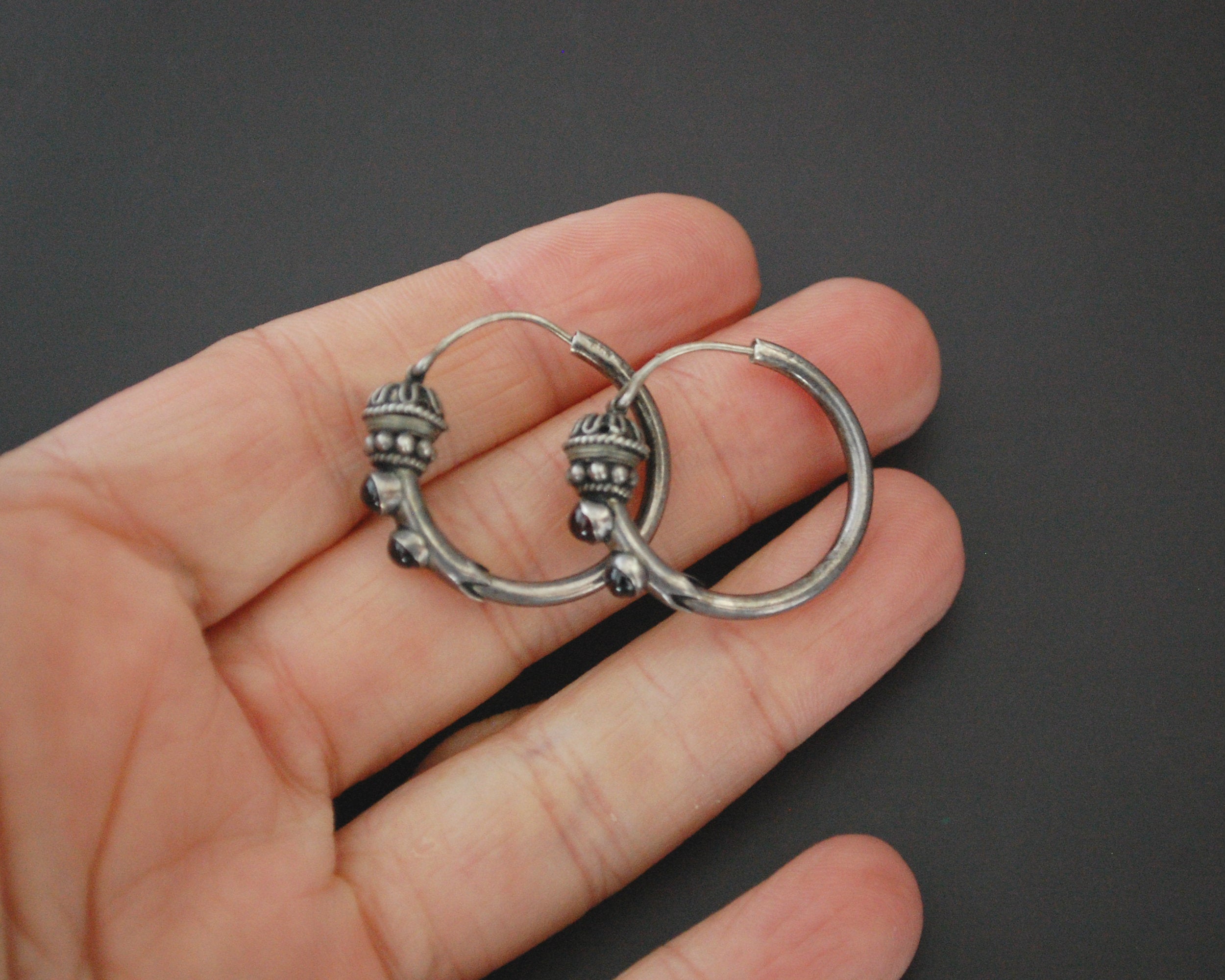 Ethnic Bali Hoop Earrings with Garnet