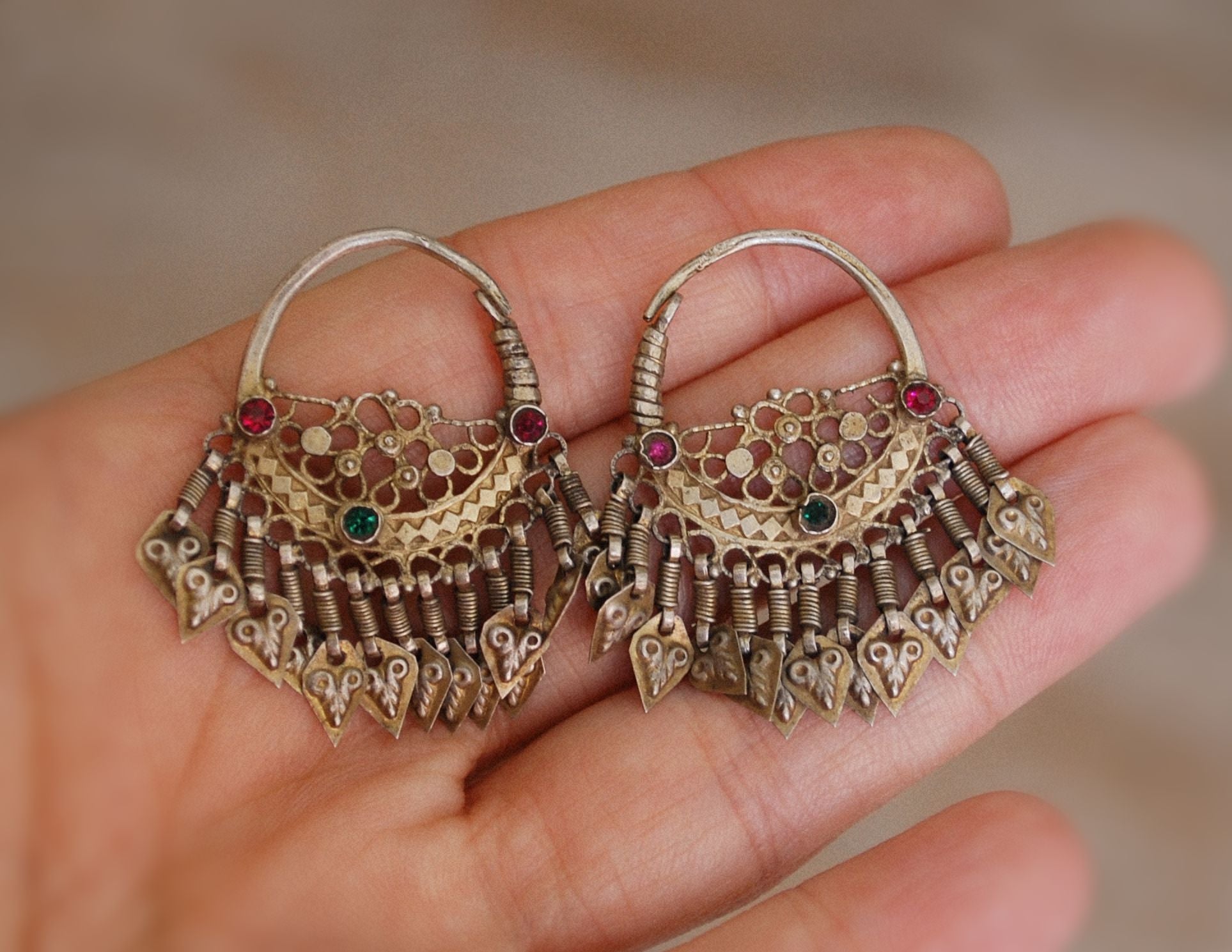 Antique Gilded Afghani Hoop Earrings with Tassels