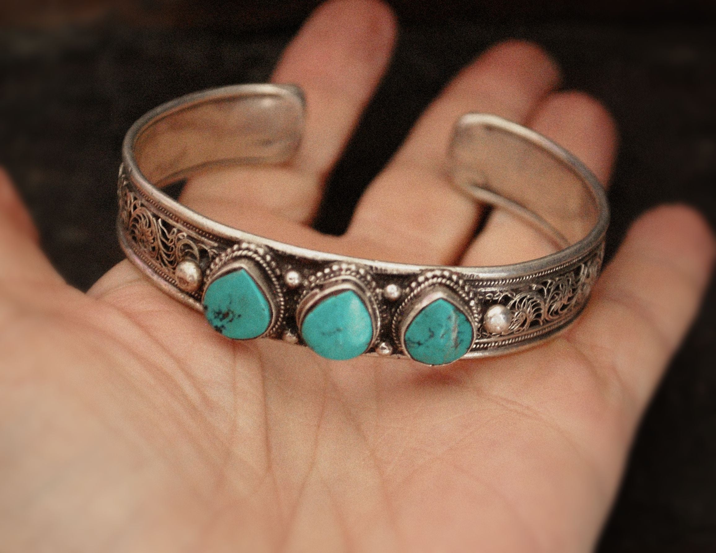 Nepali Turquoise Cuff Bracelet with Filigree Work