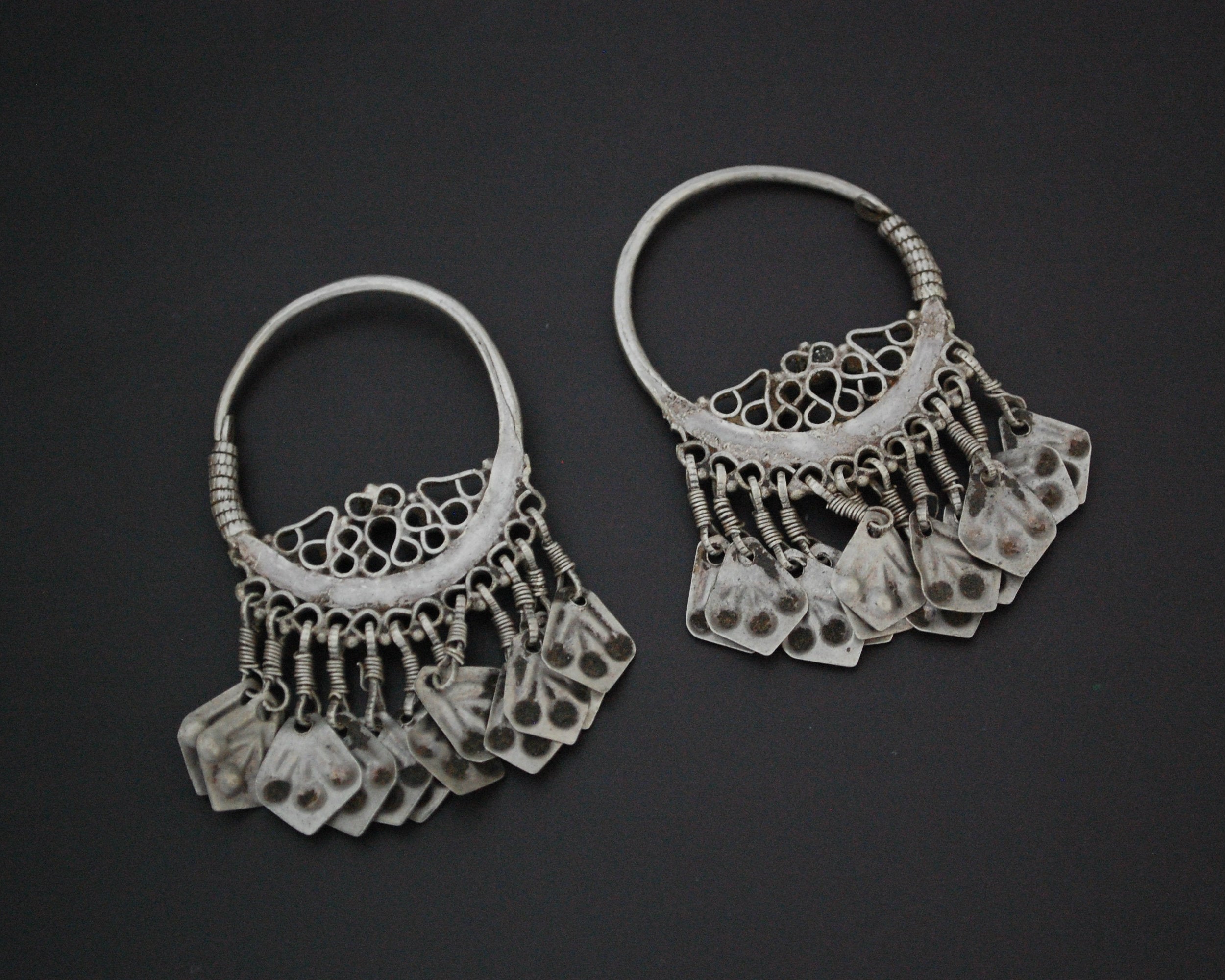 Afghani Hoop Earrings with Tassels and Red Glass