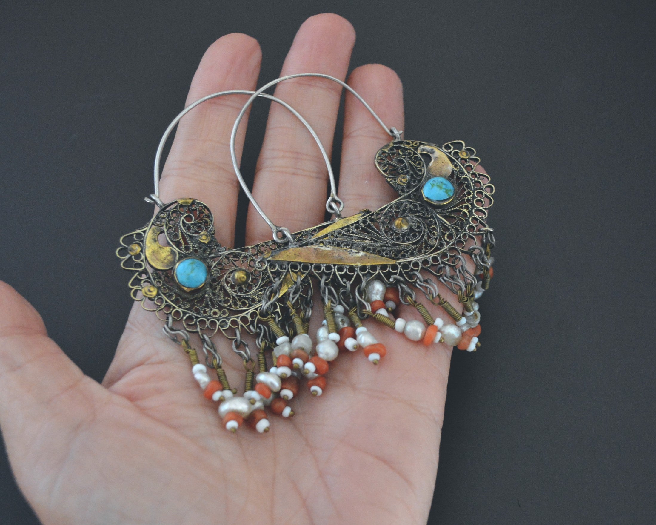Uzbek Gilded Bird Earrings with Turquoise, Coral and Pearls