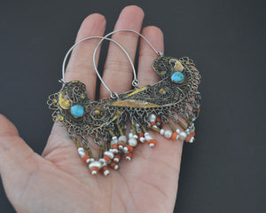 Uzbek Gilded Bird Earrings with Turquoise, Coral and Pearls