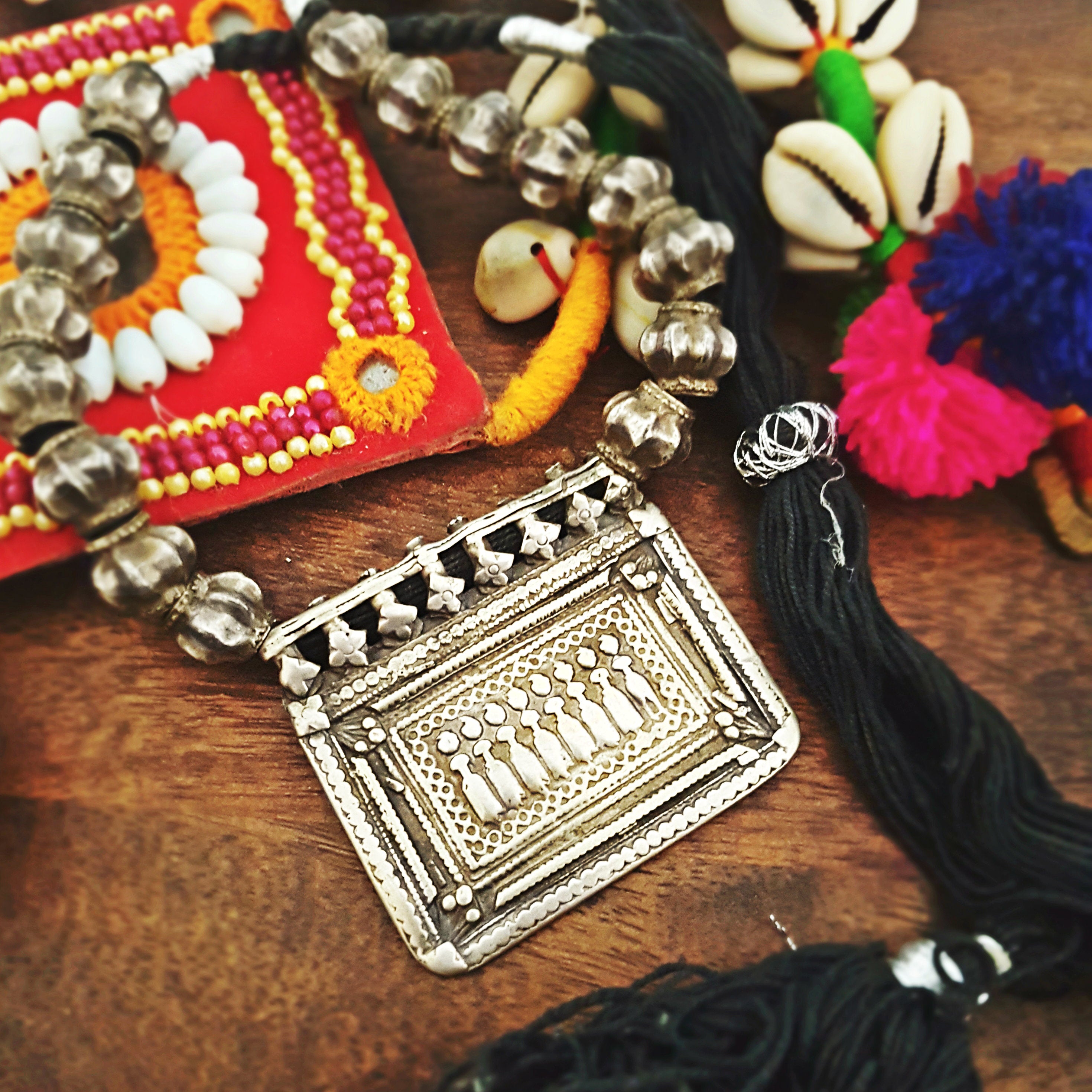 Rajasthani Sapta Matrika Silver Necklace on Cotton Cord