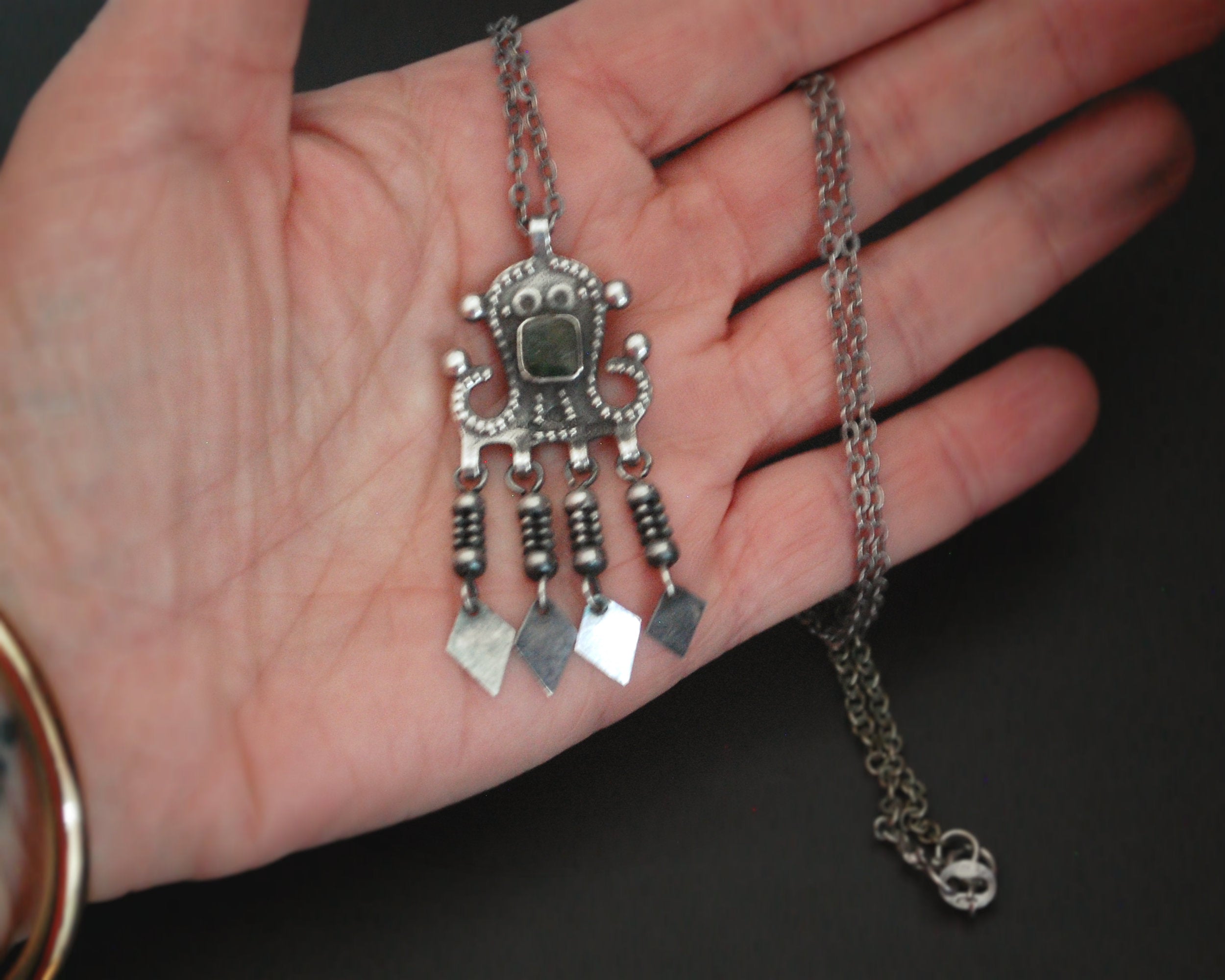 Ethnic Pendant with Tassels on Silver Chain - Green Stone