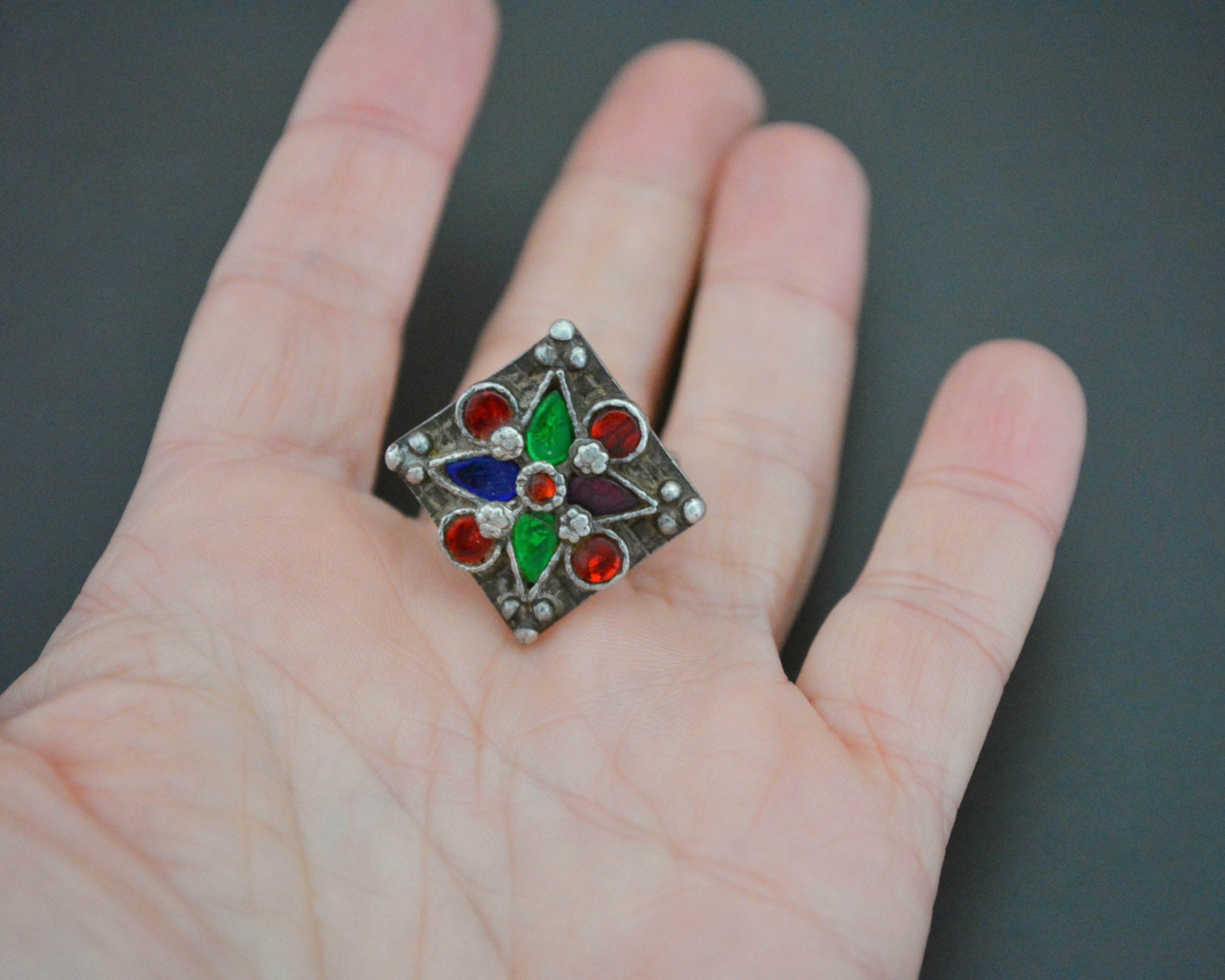 Afghani Ring with Glass Stones - Size 6.5