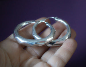 Faceted Ethnic Silver Hoop Earrings