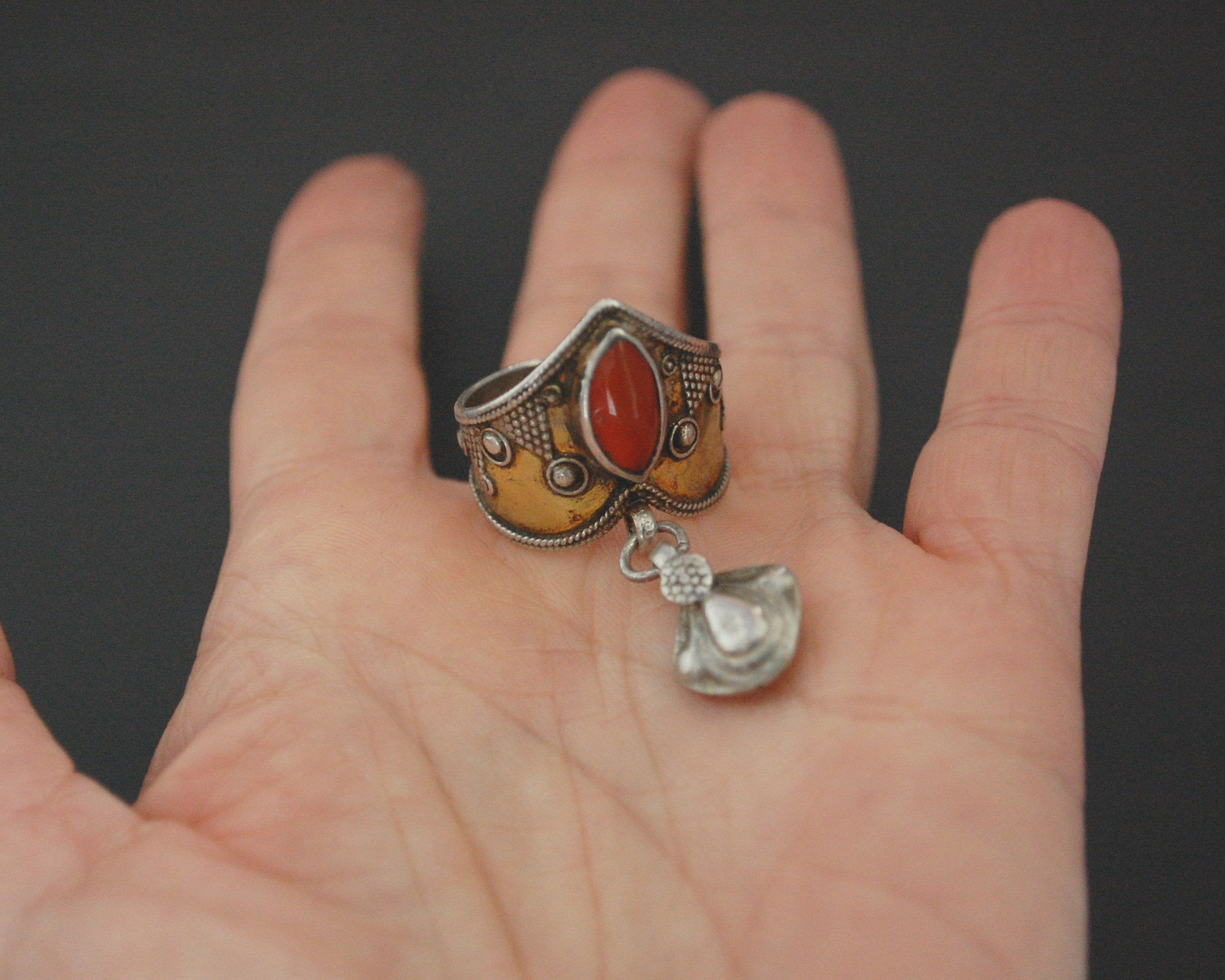 Vintage Kazakh Carnelian Gilded Silver Ring - Size 9.5+