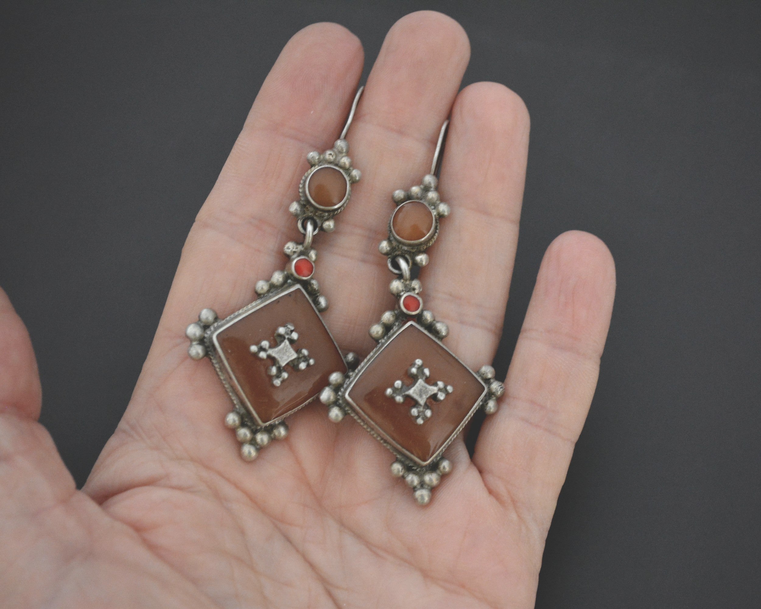 Ethnic Amber and Coral Dangle Earrings