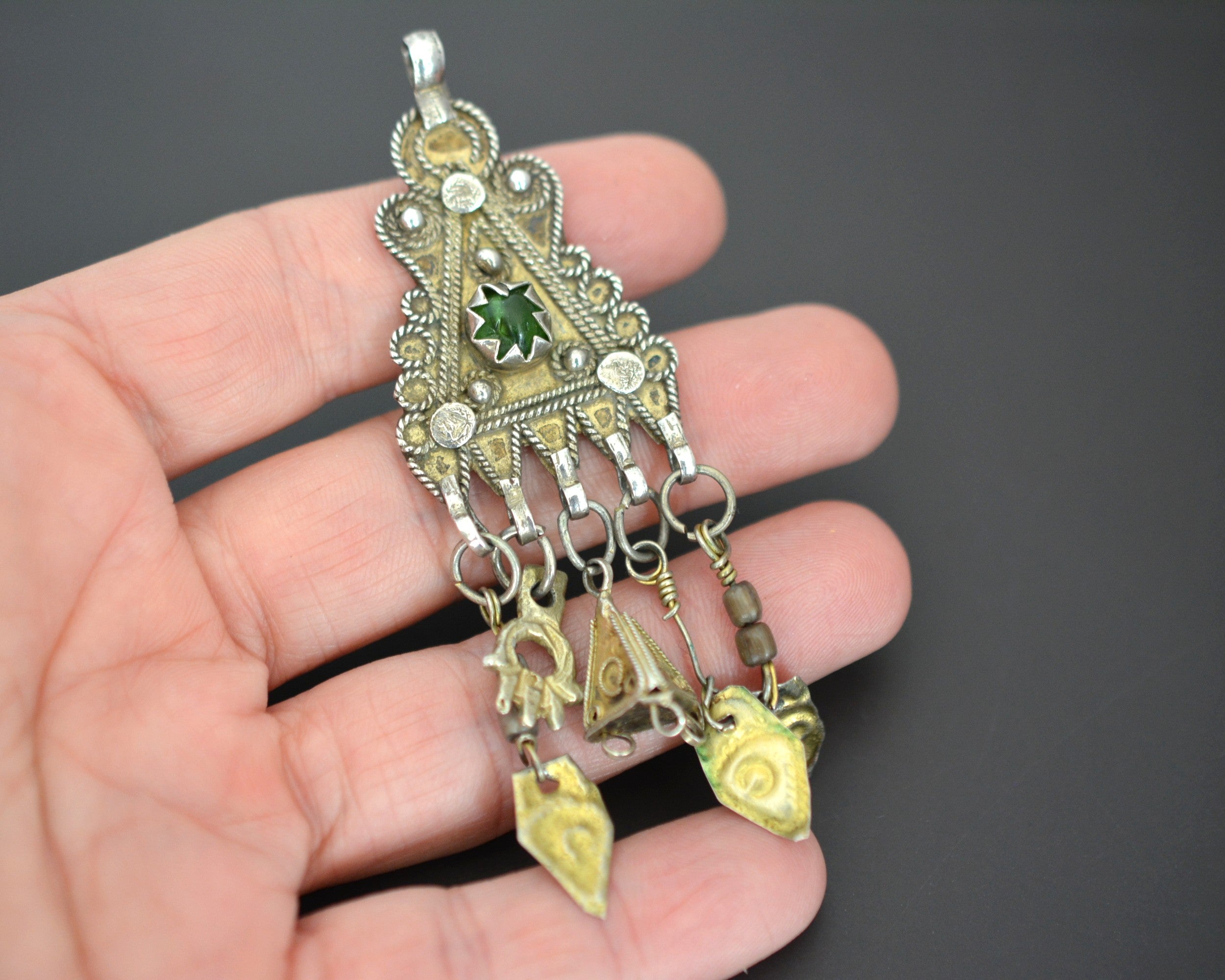 Tunisian Silver Gilded Berber Pendant with Green Glass and Dangles
