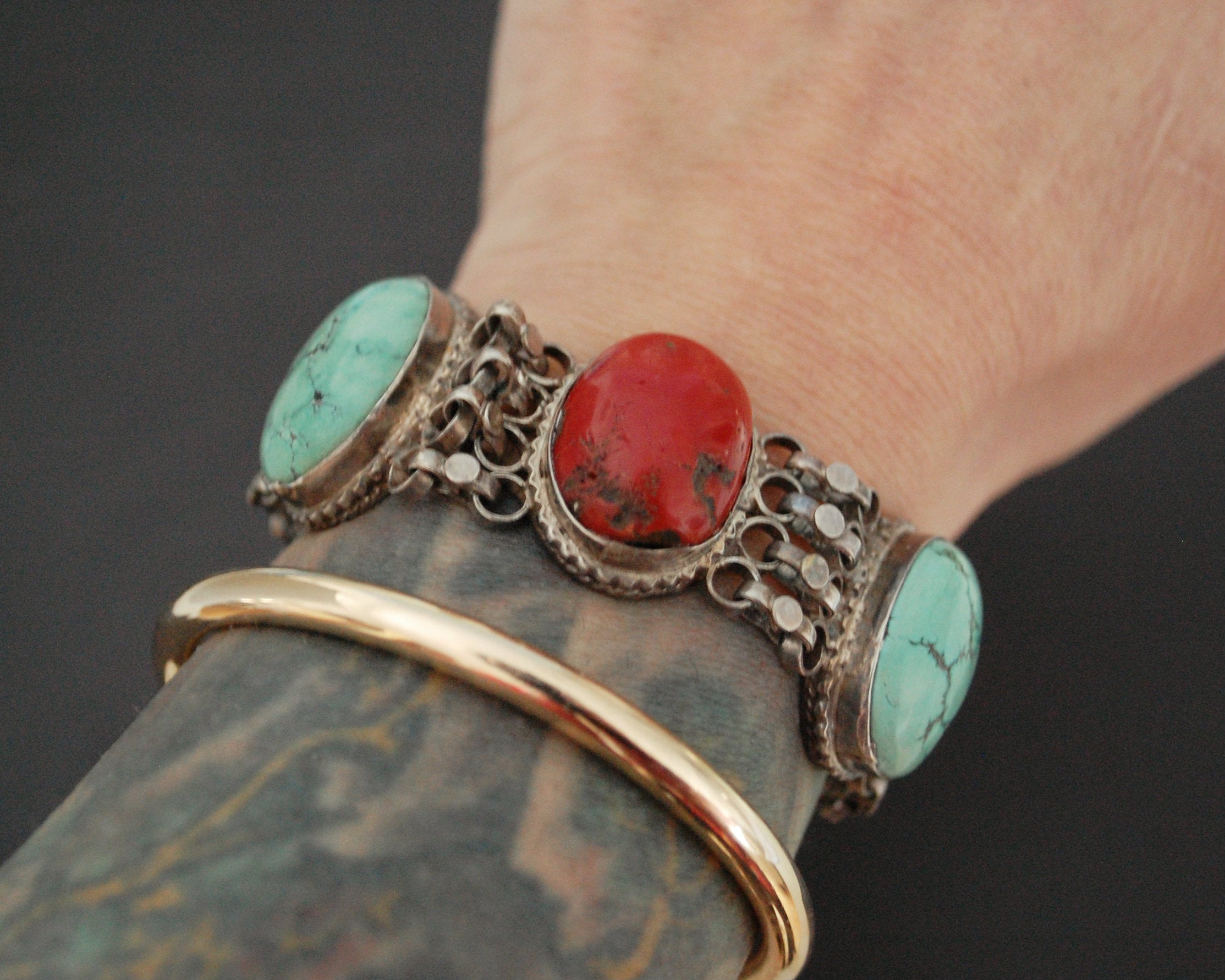 Ethnic Coral Turquoise Link Bracelet - SMALL