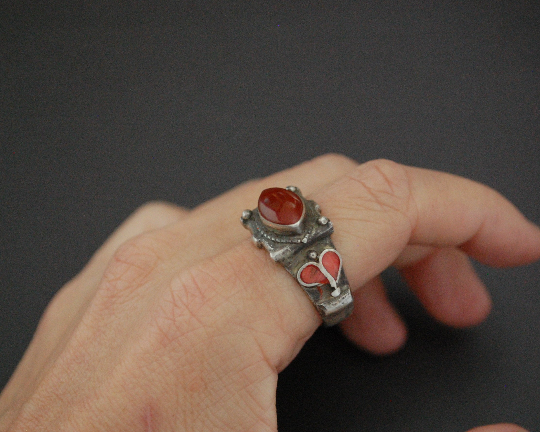Old Afghani Coral and Carnelian Ring - Size 10.5