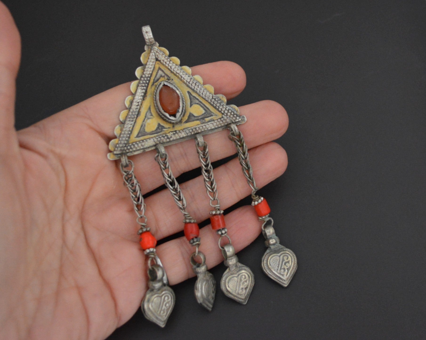 Turkmen Gilded Silver Carnelian and Glass Pendant