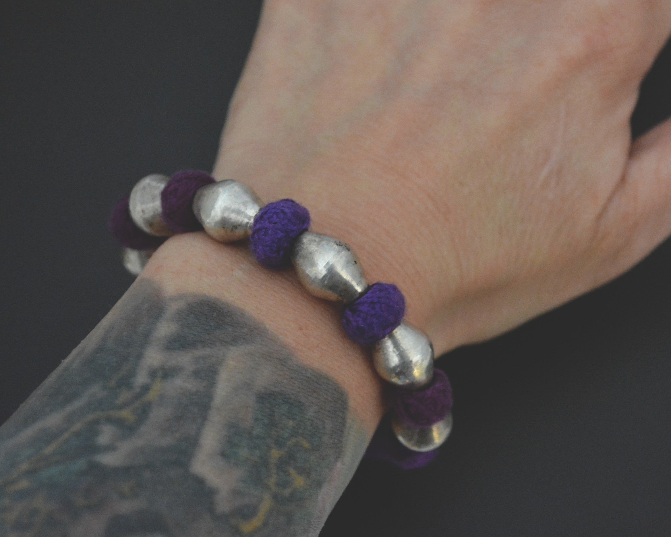 Rajasthani Silver Wax Beads Cotton Bracelet - Purple - SMALL