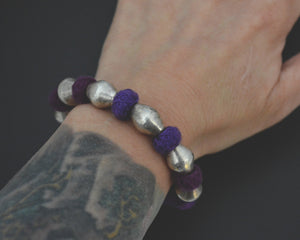 Rajasthani Silver Wax Beads Cotton Bracelet - Purple - SMALL