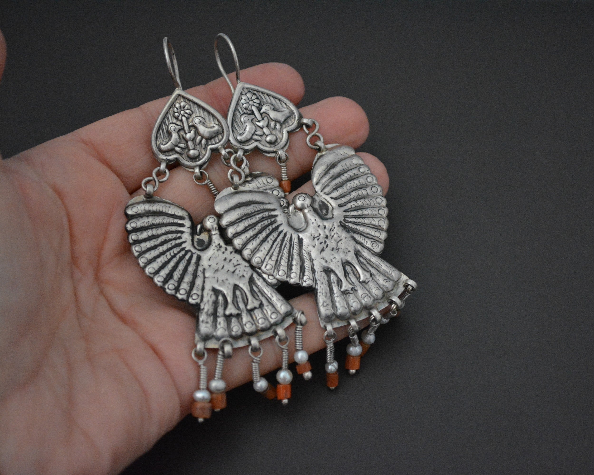 Uzbek Coral Earrings with Bird