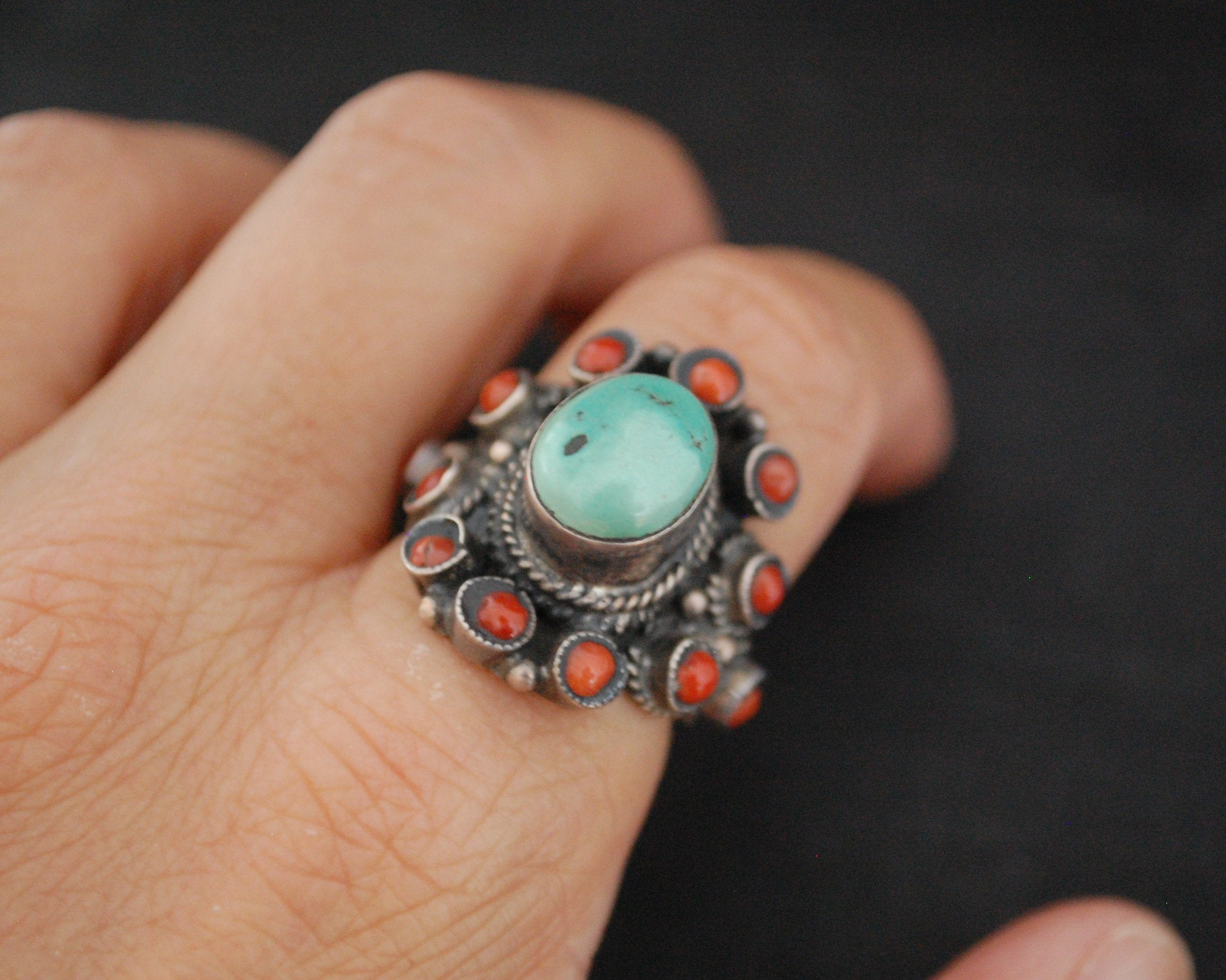 Nepali Turquoise Coral Ring - Size 6.75