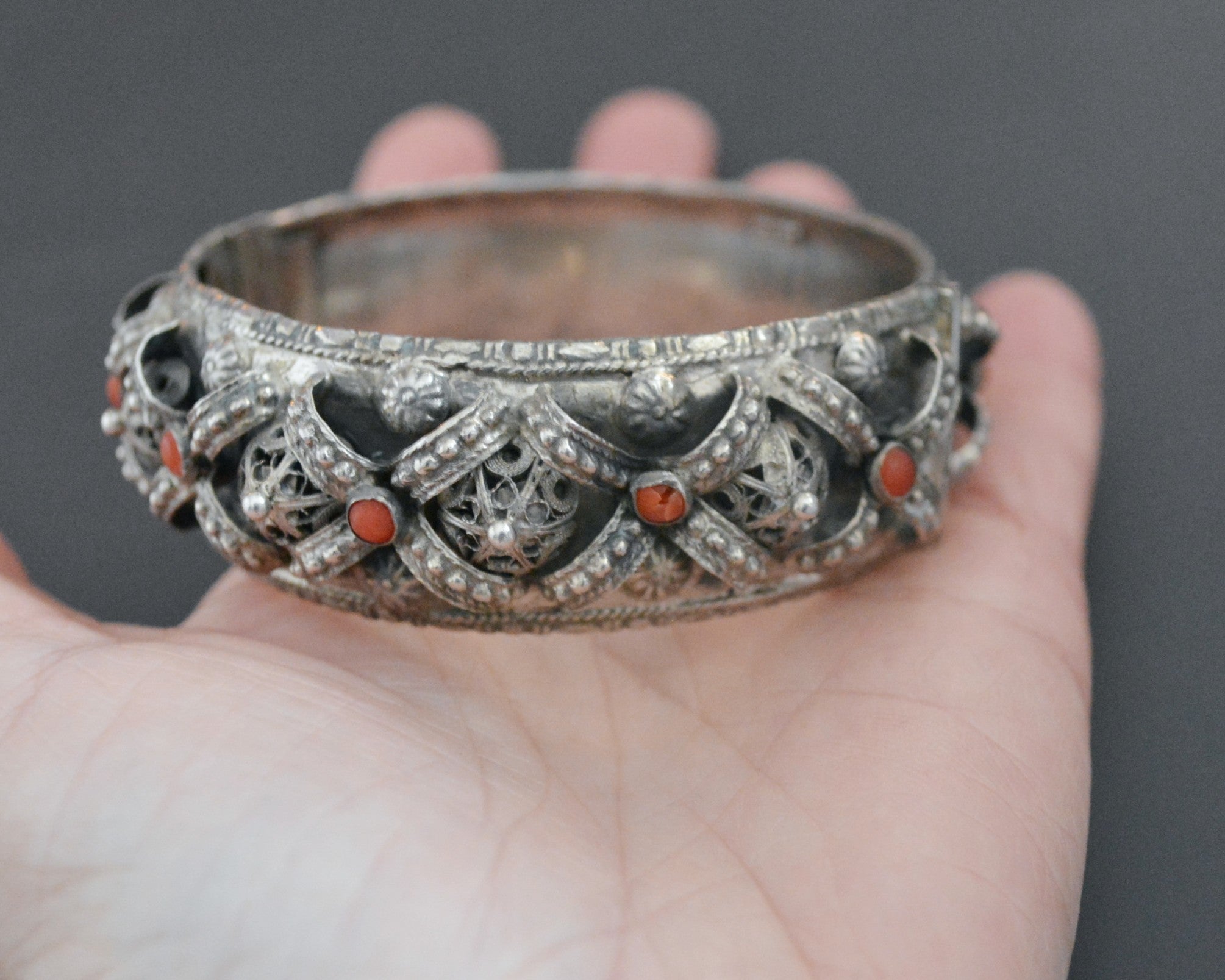 Substantial Coral Filigree Hinged Bracelet