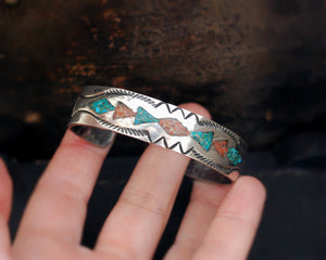 Navajo Turquoise Coral Inlay Cuff Bracelet - For Small Wrist