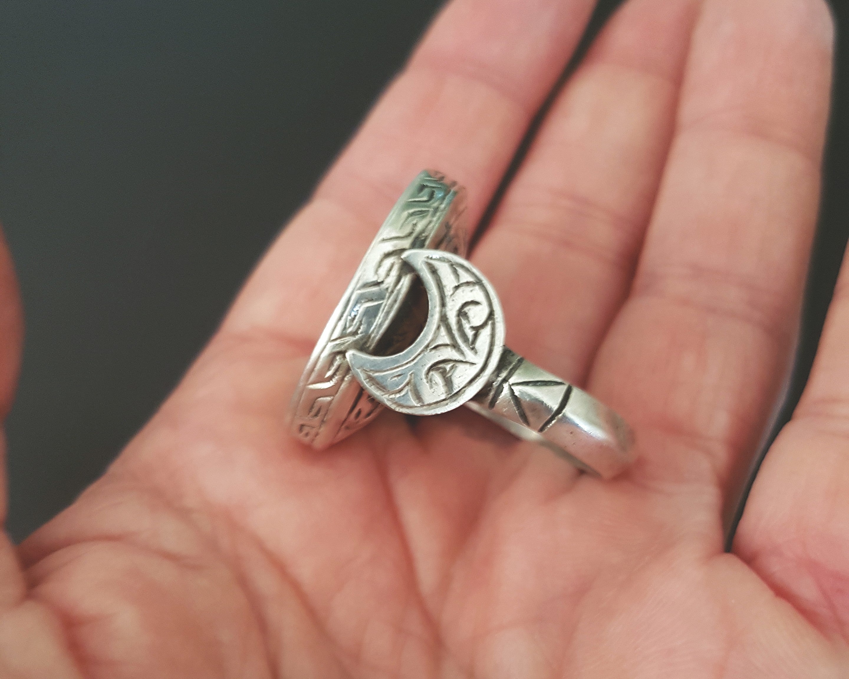 Turkmen Ring with Crescent Moon - Size 8