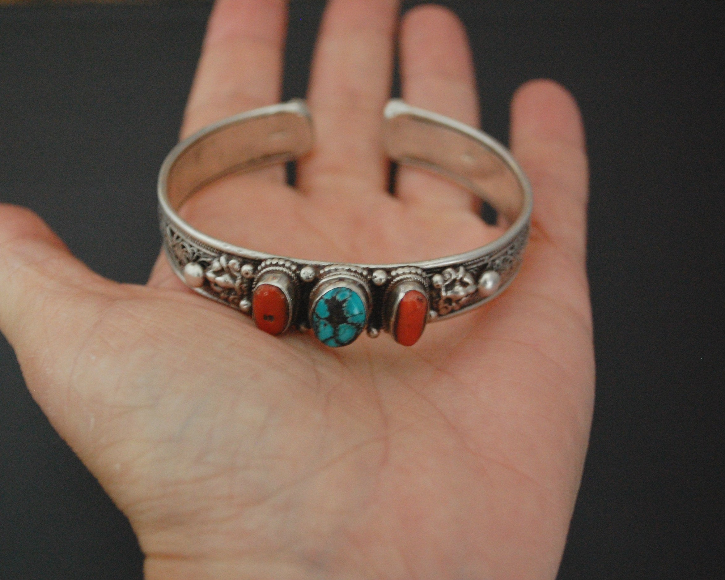 Nepali Turquoise Coral Cuff Bracelet with Filigree Work