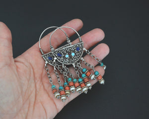 Uzbek Coral Turquoise and Pearl Earrings