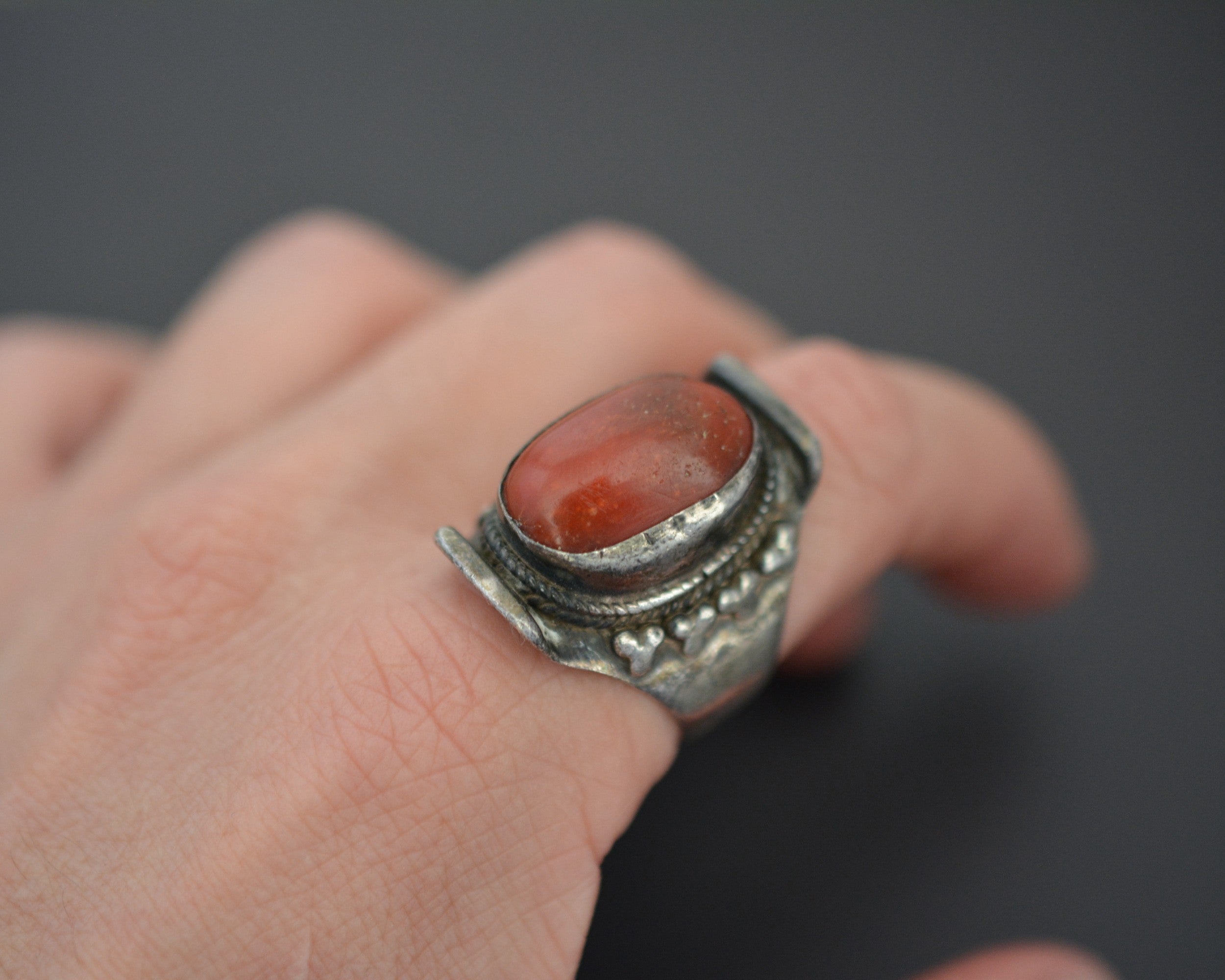 Nepali Tibetan Coral Saddle Ring - Size 9.25