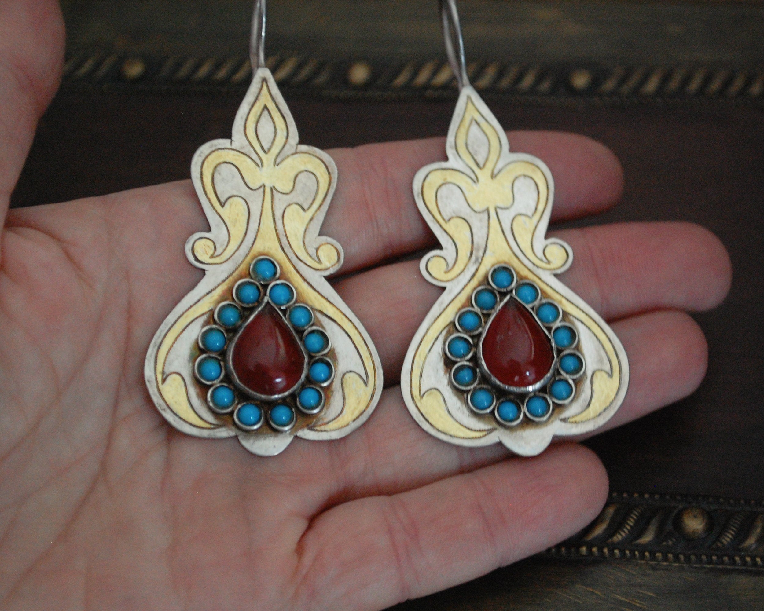 Vintage Turkmen Silver Gilded Earrings with Carnelian and Turquoise