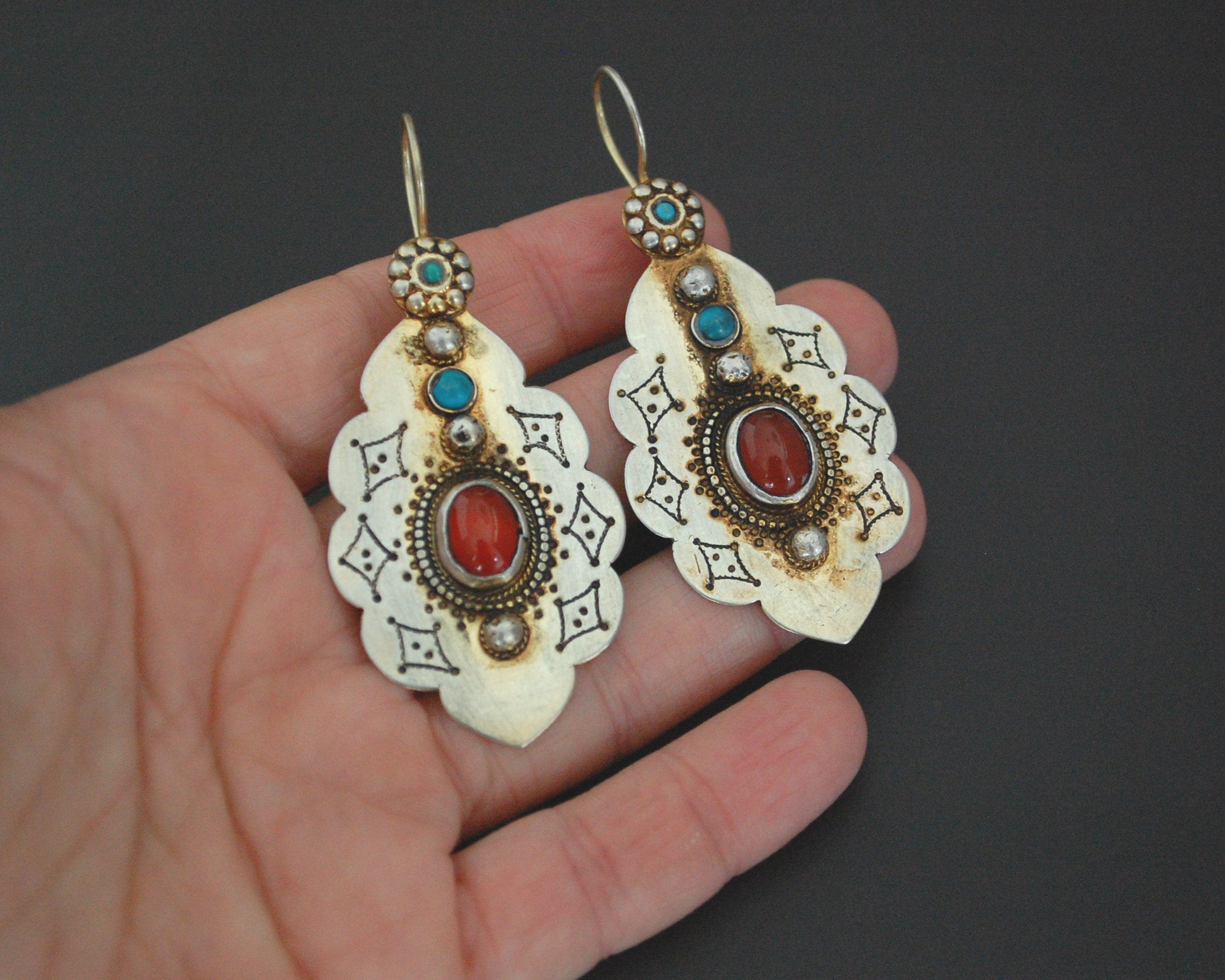 Turkmen Gilded Earrings with Carnelian and Turquoise