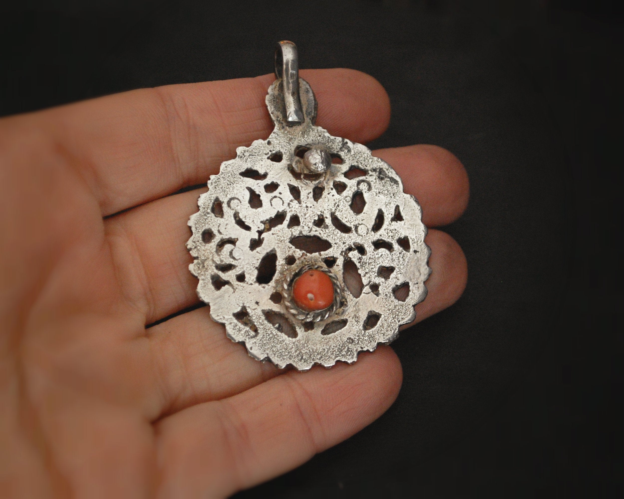 Antique Tunisian Hamsa Pendant with Coral