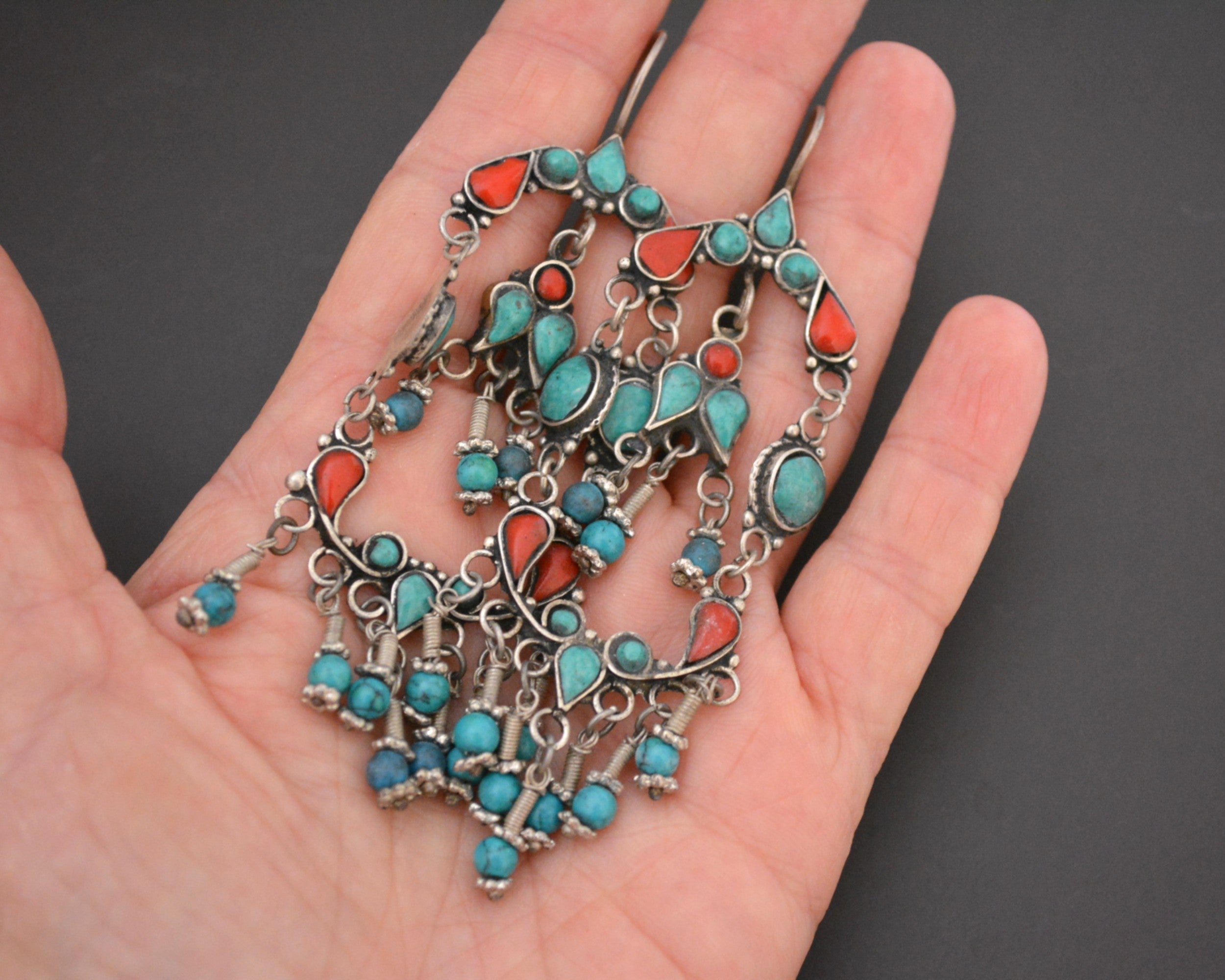 Uzbek Silver Turquoise Coral Earrings