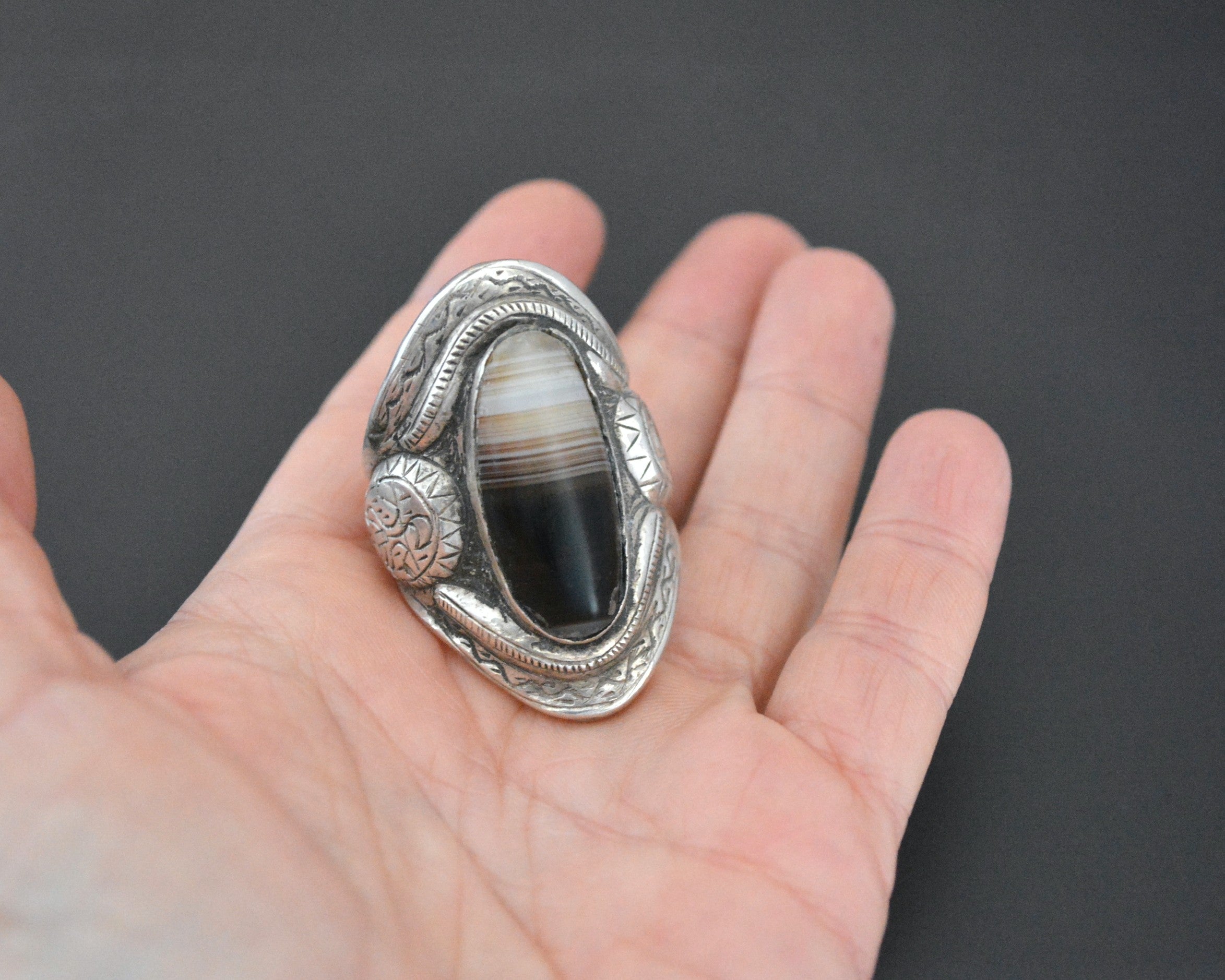 Huge Tibetan Banded Agate Ring - Size 12.5