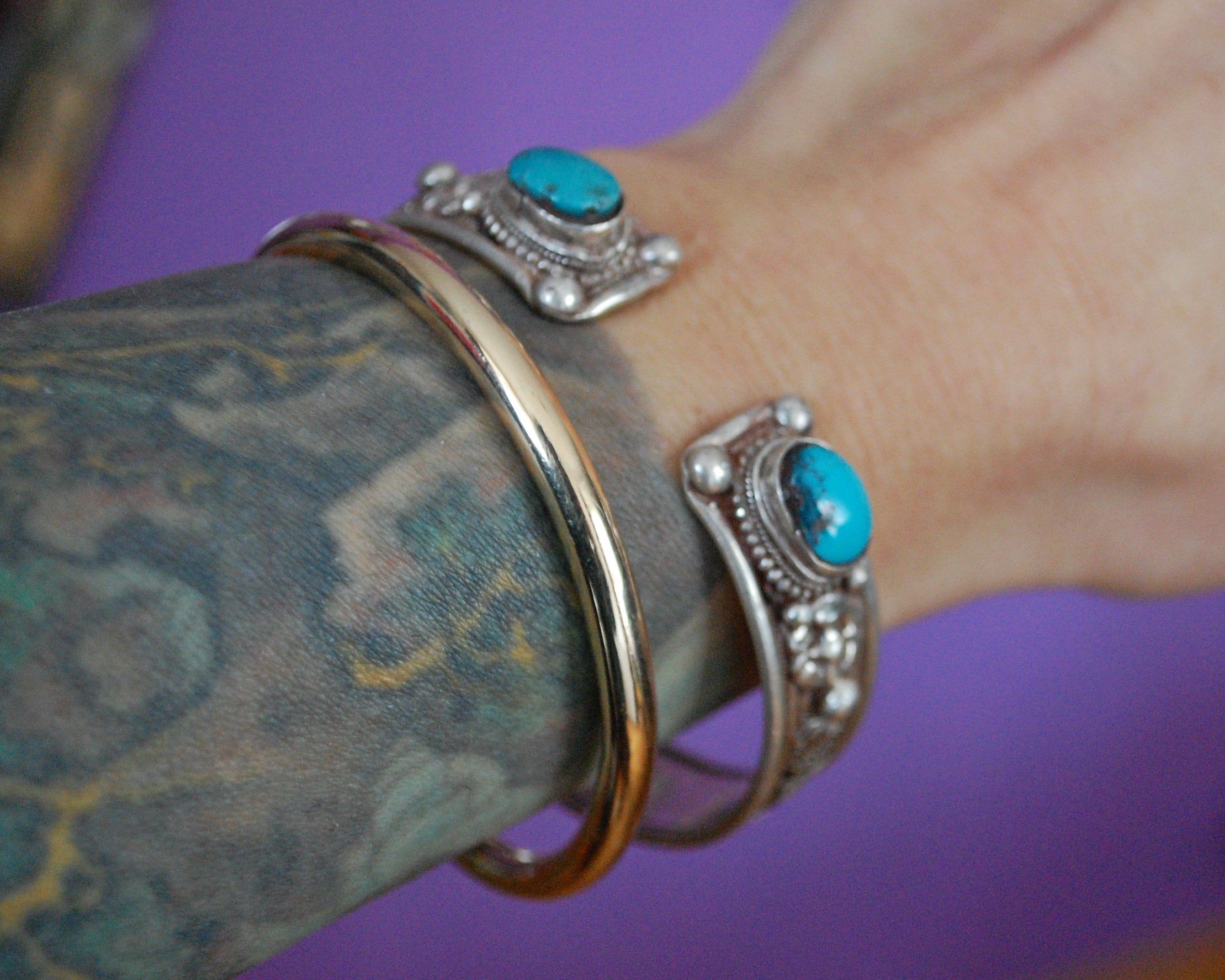Nepali Turquoise Cuff Bracelet with Filigree Work