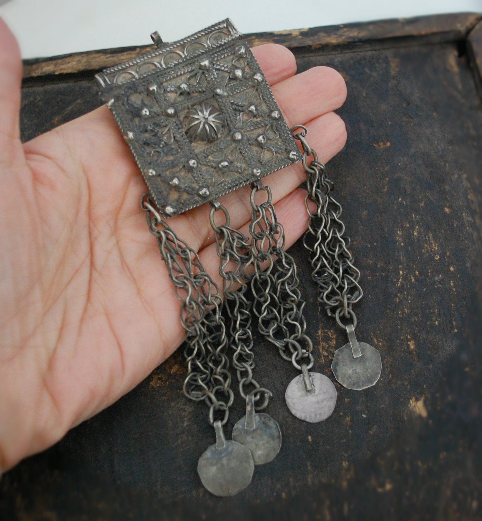 Old Moroccan Hirz Box Pendant with Coins