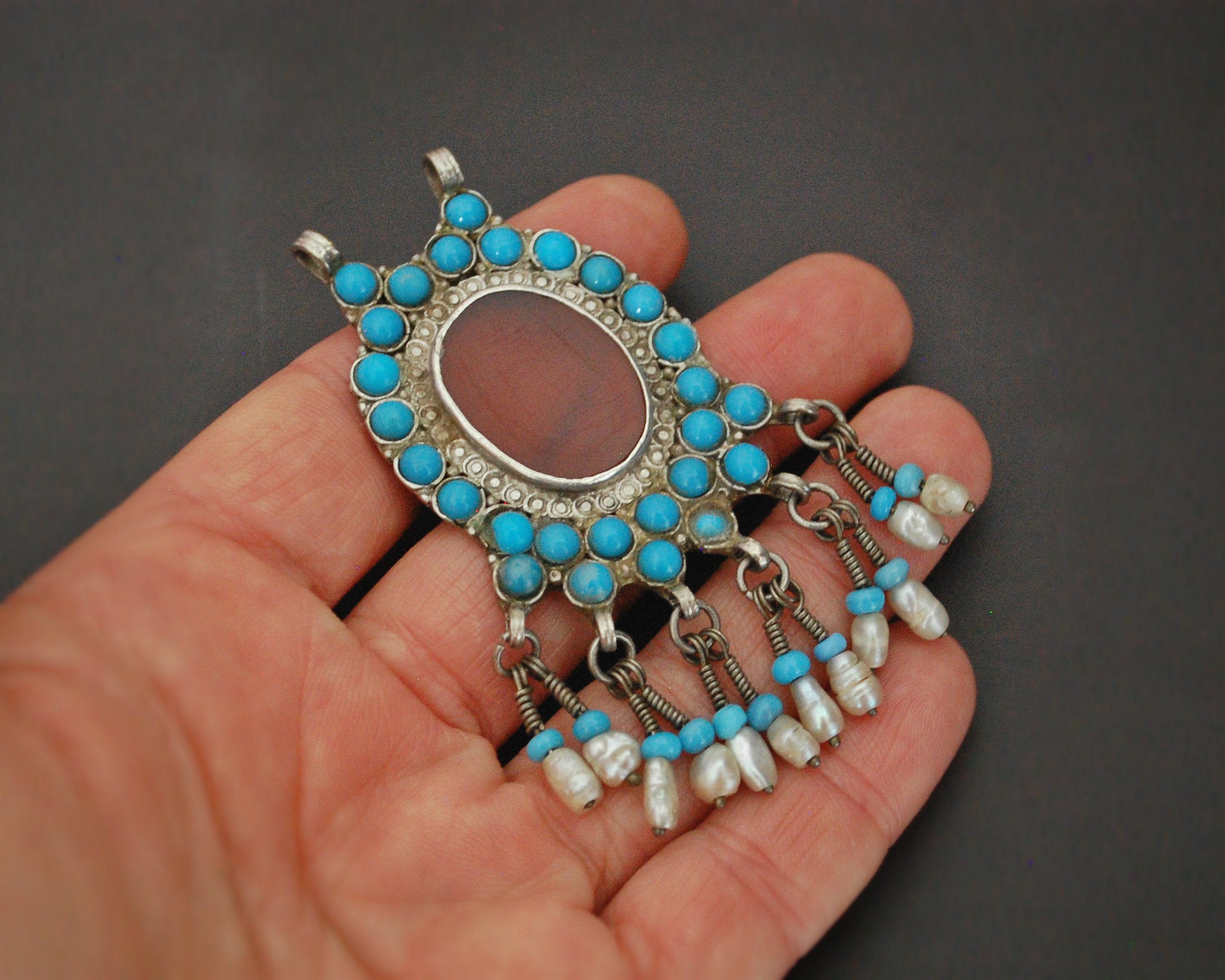 Afghani Carnelian Pendant with Turquoise and Pearls -